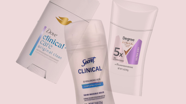 A collage of Dove Secret and Degree deodorants on a pale pink background